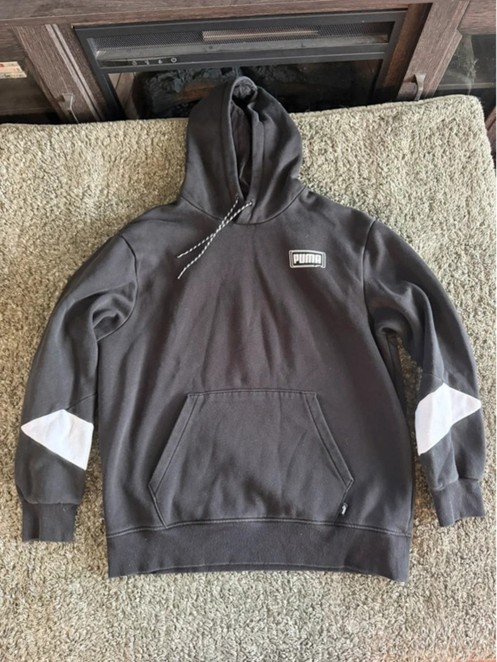 Puma Men's Black Pullover Hoodie with White Sleeve Accents, Size M